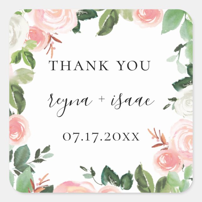 Blush Garden Floral Frame Wedding Favor Square Sticker (Front)
