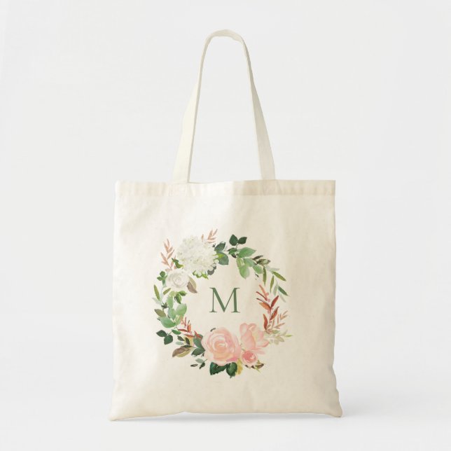 Blush Garden Floral Wreath Monogram Tote Bag (Front)
