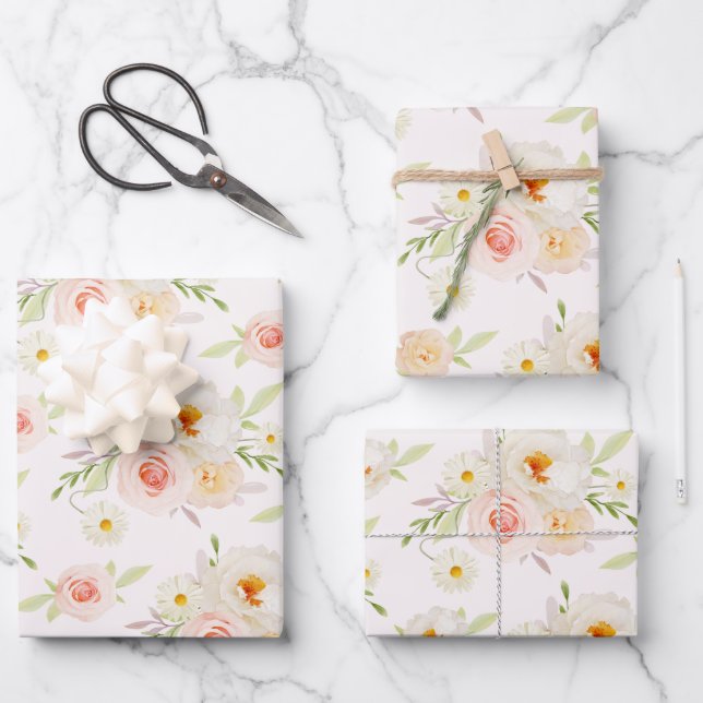 Blush Garden Flowers Wrapping Paper Sheets (Front)