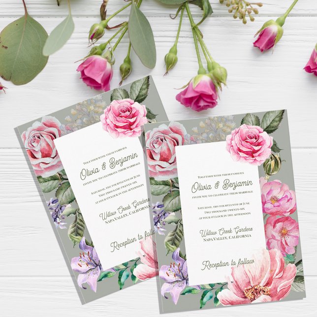 Blush Garden Romantic Floral Wedding Invitation Postcard (Blush Garden Floral Wedding Invitation | Romantic Rose Botanical Wedding Invitation Card)
