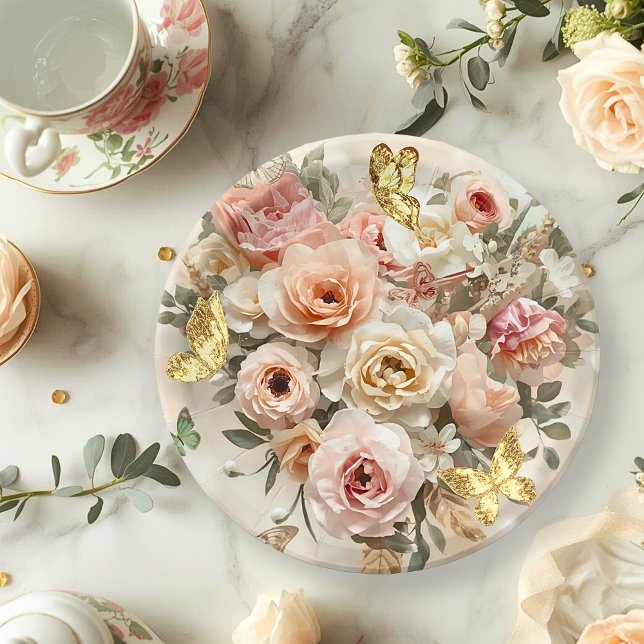 Blush Garden Roses Galentine Tea Party Florals Paper Plates (Creator Uploaded)