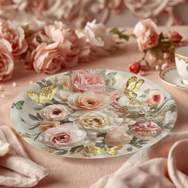 Blush Garden Roses Galentine Tea Party Florals Paper Plates (Creator Uploaded)
