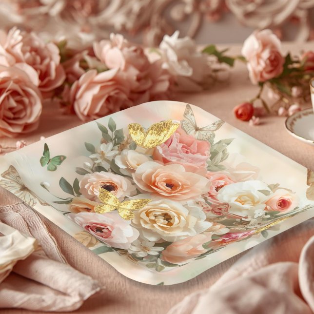 Blush Garden Roses Galentine Tea Party Florals Paper Plates (Creator Uploaded)