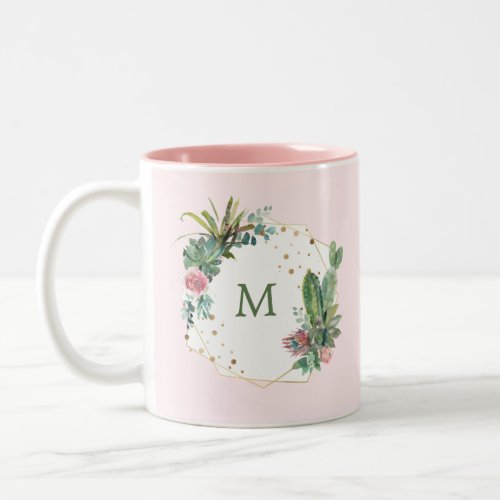 Blush Geometric Cactus with Monogram Two_Tone Coffee Mug