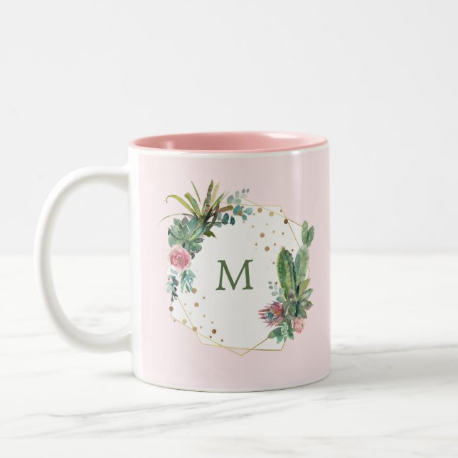 Blush Geometric Cactus with Monogram Two-Tone Coffee Mug (Left)