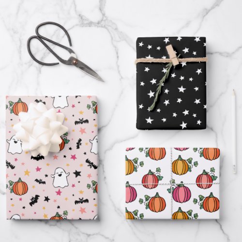 Blush Ghosts Pumpkins Halloween Mixed Patterns Wrapping Paper Sheets