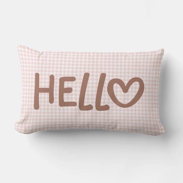 Blush Gingham Mocha Whimsical Heart Hello Lumbar Pillow (Front)