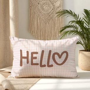 Blush Gingham Mocha Whimsical Heart Hello Lumbar Pillow