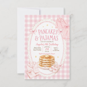 Blush Gingham Pancakes and Pajamas Girls Birthday Invitation