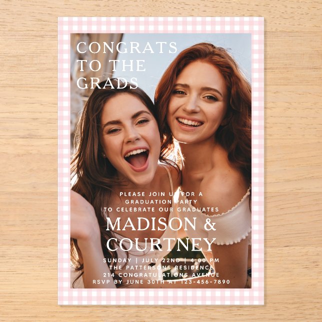 Blush Gingham Two Grads Photo Graduation Party Acrylic Invitations (Front)