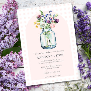 Blush Gingham & Wildflower Mason Jar Bridal Shower Invitation