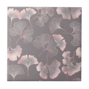 Blush Ginkgo Luxe – Gold Botanical on Black (5) Ceramic Tile