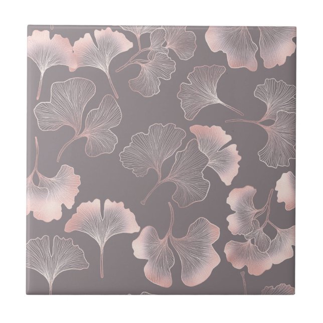 Blush Ginkgo Luxe – Gold Botanical on Black (5) Ceramic Tile (Front)
