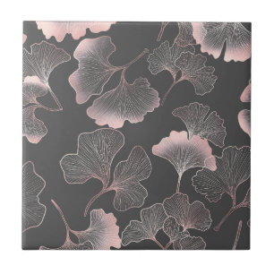 Blush Ginkgo Luxe – Gold Botanical on Black (7) Ceramic Tile