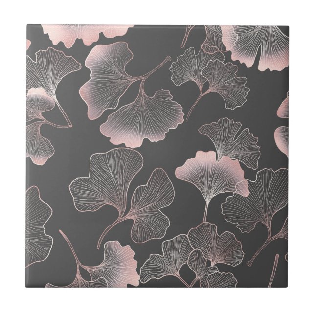 Blush Ginkgo Luxe – Gold Botanical on Black (7) Ceramic Tile (Front)