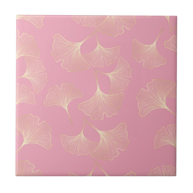 Blush Ginkgo Luxe – Gold Botanical on Pink (4) Ceramic Tile (Front)