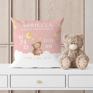 Blush Girl Teddy Bear Birth Stats Nursery Pillow