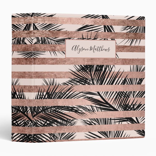 Blush girly rose gold palm leaf stripes pattern 3 ring binder (Front/Spine)