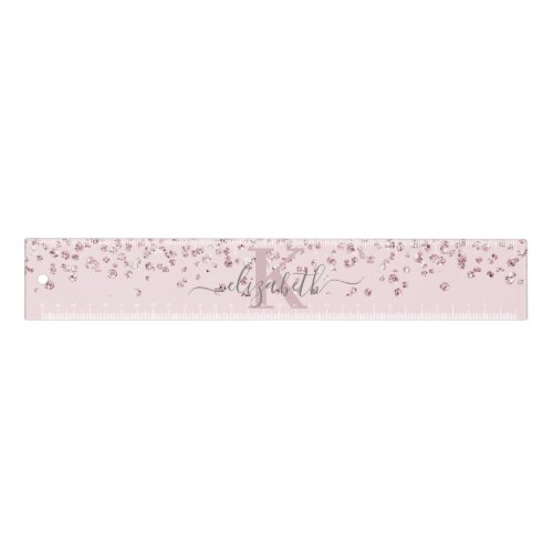 Blush Glam Rose Gold Glitter Diamond Name Monogram Ruler