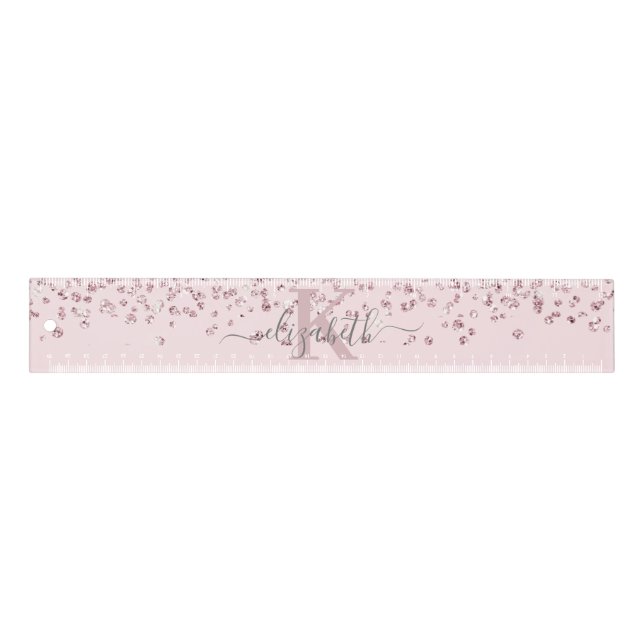 Blush Glam Rose Gold Glitter Diamond Name Monogram Ruler (Front)