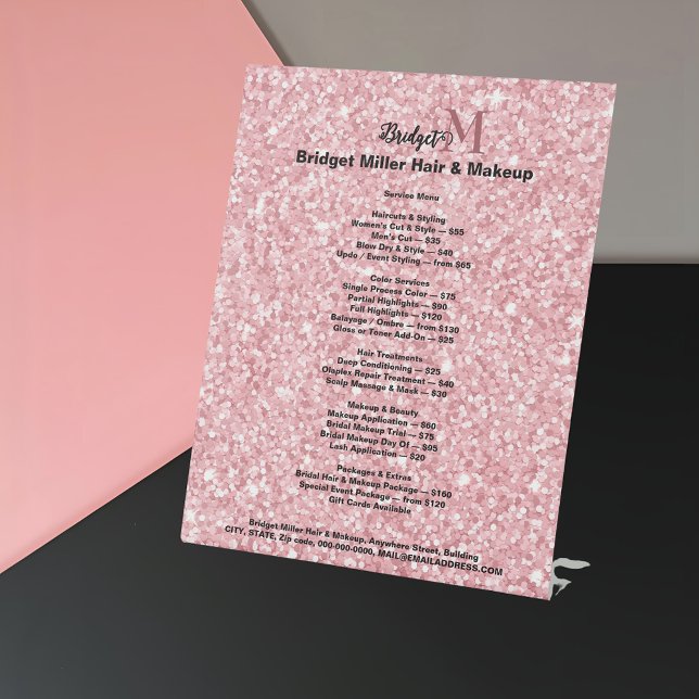 Blush Glitter Beauty salon monogram Price List  Pedestal Sign (Creator Uploaded)