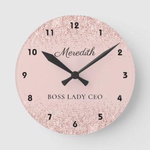 Blush Glitter Boss Lady CEO Personalized Keepsake Round Clock