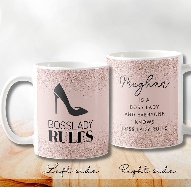 Blush Glitter Boss Lady Rules Personalized Coffee Mug (Blush Glitter Boss Lady Rules Stiletto Logo  Personalized Coffee Mug)