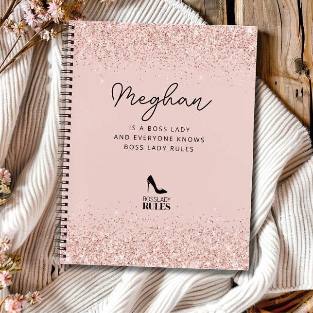 Blush Glitter Boss Lady Rules Personalized Notebook (Blush Glitter Boss Lady Rules Stiletto Logo Personalized Notebook)