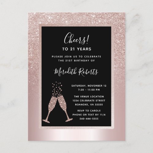 Blush Glitter Champagne Toast 21st Birthday Party Invitation Postcard