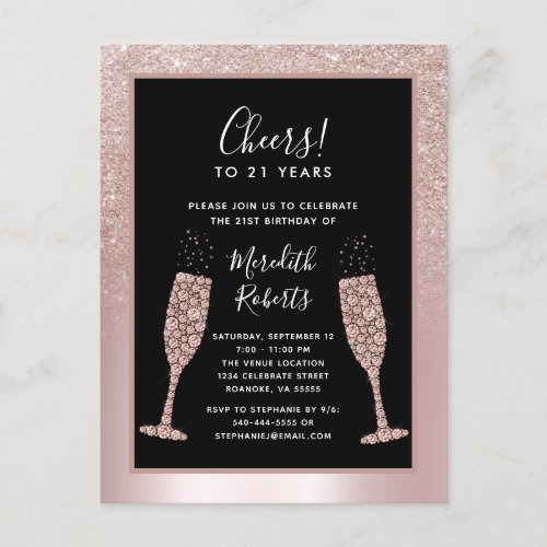 Blush Glitter Champagne Toast 21st Birthday Party Invitation Postcard
