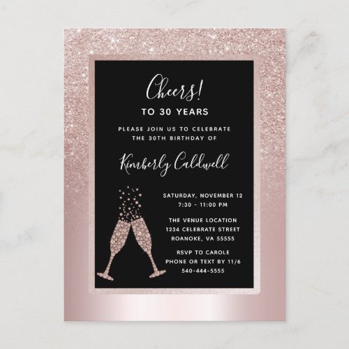 Blush Glitter Champagne Toast 30th Birthday Party Invitation Postcard