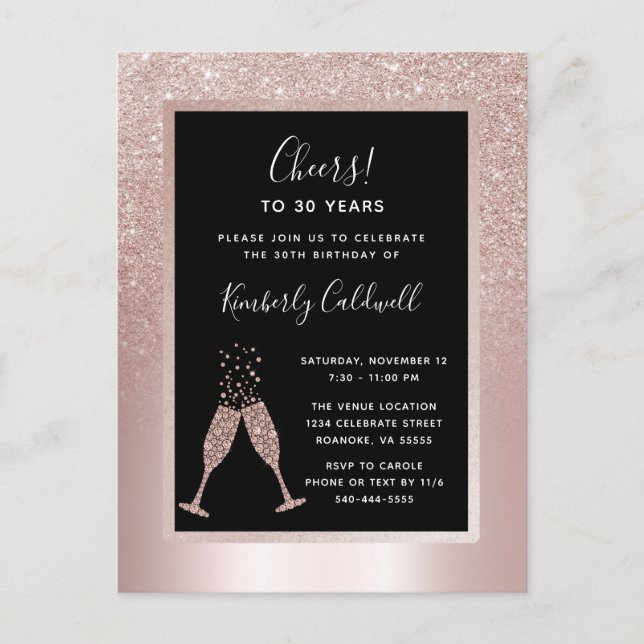 Blush Glitter Champagne Toast 30th Birthday Party Invitation Postcard (Front)
