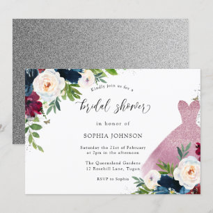 Blush Glitter Dress Burgundy & Navy Bridal Shower Invitation