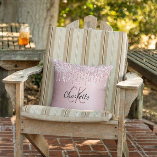 Blush glitter drips monogram name outdoor pillow