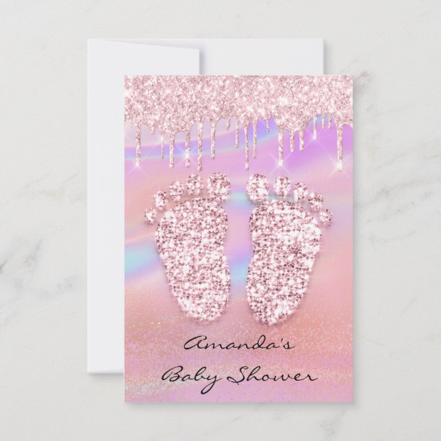 Blush Glitter Drips Rose Blue Baby Shower Feet  Invitation (Back)