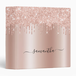 Blush Glitter Drips Rose Gold Shimmer Glam Name 3 Ring Binder