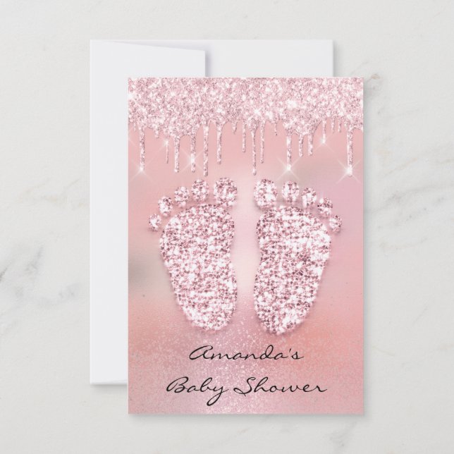 Blush Glitter Drips Rose Pink  Baby Shower Feet Invitation (Back)