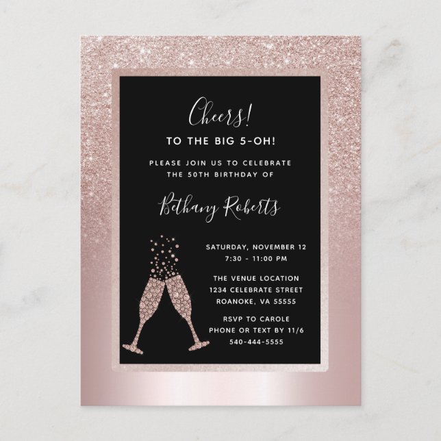 Blush Glitter Ombre 50th Birthday Party Invitation Postcard (Front)