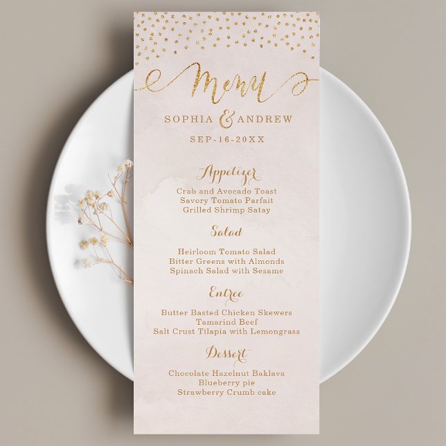 Blush glitter rose gold calligraphy wedding menu (Blush glitter rose gold calligraphy wedding menu)