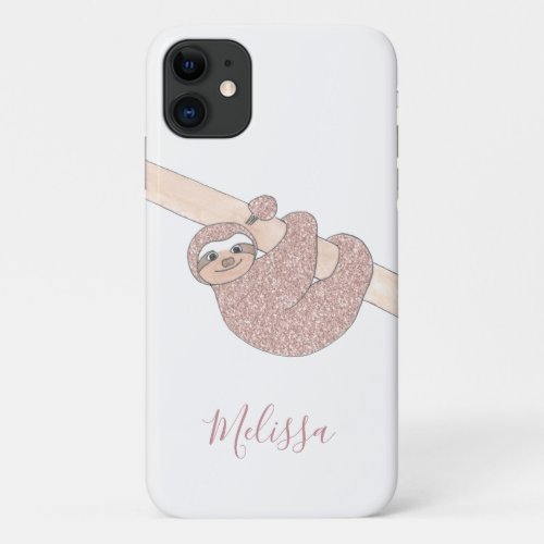 Blush Glitter Sparkle Sloth Personalized iPhone 11 Case