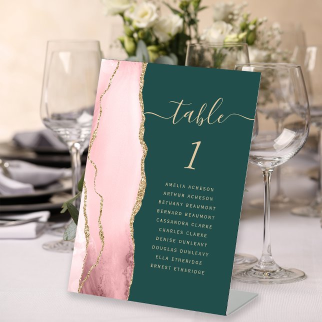 Blush Gold Agate Dark Green Wedding Table Number Pedestal Sign (Creator Uploaded)