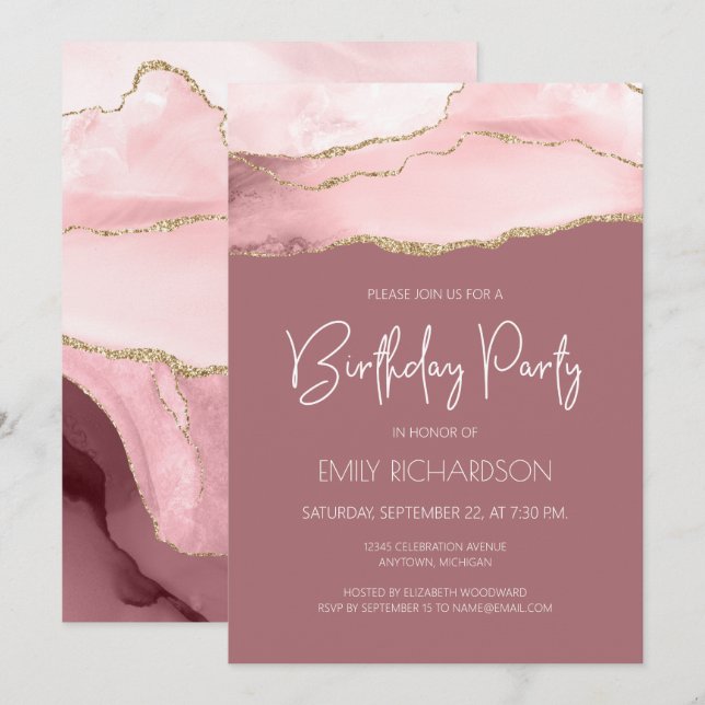 Blush Gold Agate Dusty Rose Any Year Birthday Invi Invitation (Front/Back)