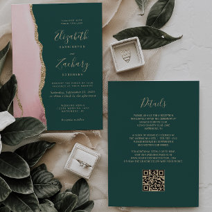 Blush Gold Agate Emerald Green QR Code Wedding Invitation