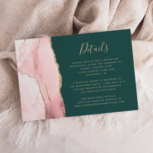 Blush Gold Agate Emerald Green Wedding Details Enclosure Card