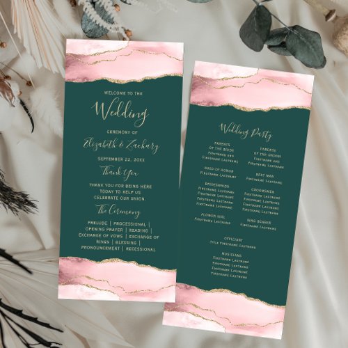 Blush Gold Agate Emerald Green Wedding Program