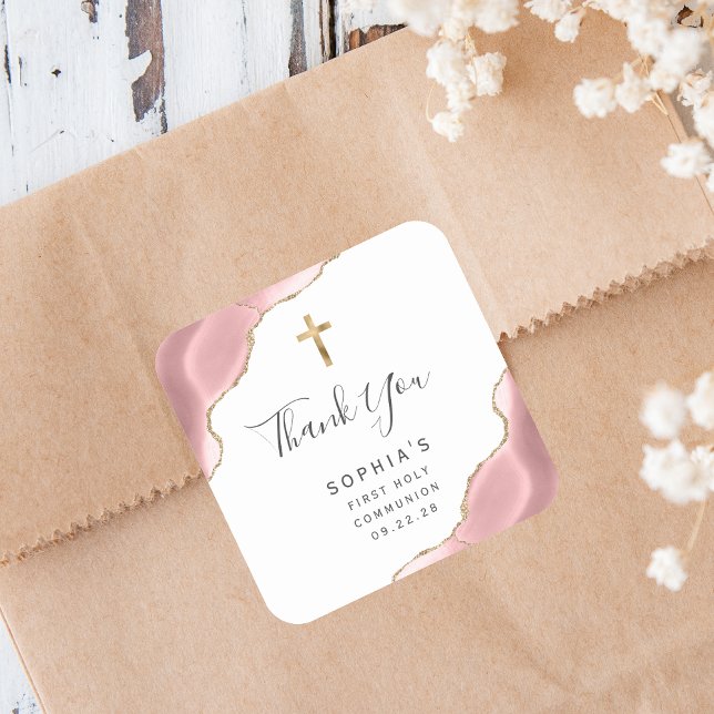 Blush Gold Agate First Holy Communion Thank You Square Sticker (Creator Uploaded)