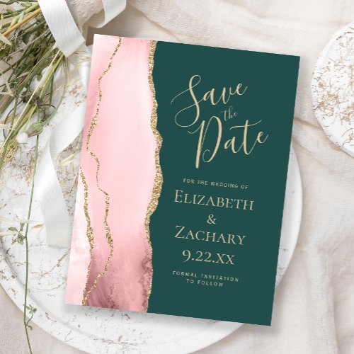 Blush Gold Agate Green Save the Date Announcement Postcard