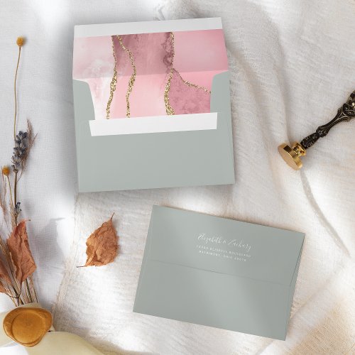 Blush Gold Agate Pale Sage Green Wedding Envelope