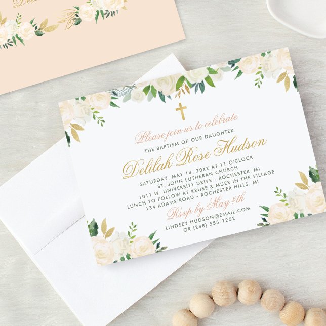 Blush Gold and Green Floral Baby Girl Baptism Invitation (Creator Uploaded)