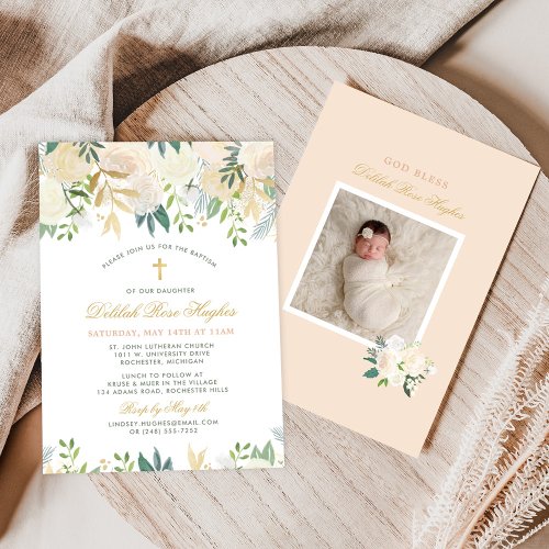 Blush Gold and Green Floral Baby Girl Baptism Invitation